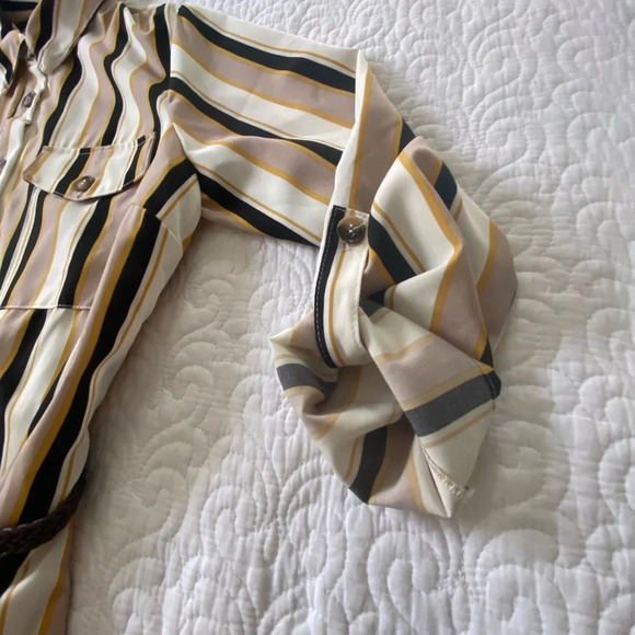 NY Collection Taupe and Navy Striped Long Sleeve Dress Business Casual, Classic - Picture 9 of 12